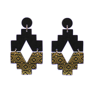 Wooden Post Drop Earrings with Diamond Design-Black