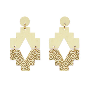 Wooden Post Drop Earrings with Diamond Design-Ivory