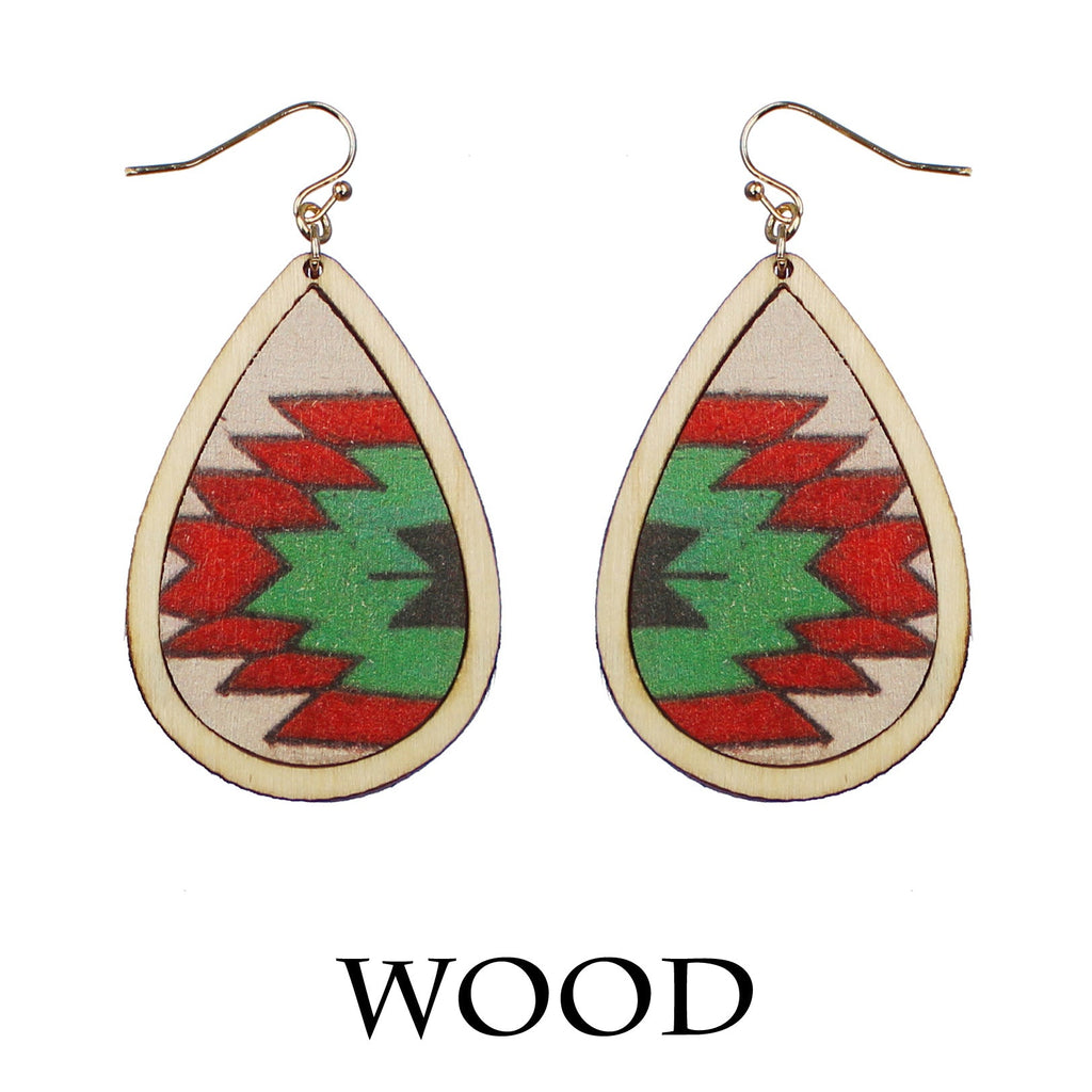 Wooden Teardrop with Aztec Pattern Earrings-Red/Green