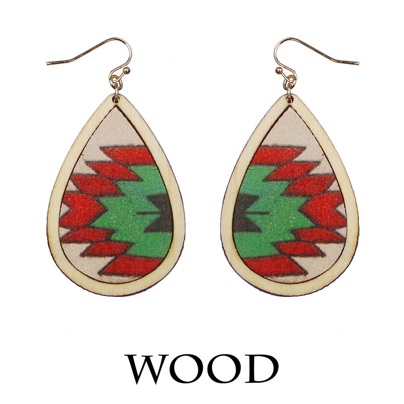 Wooden Teardrop with Aztec Pattern Earrings-Red/Green