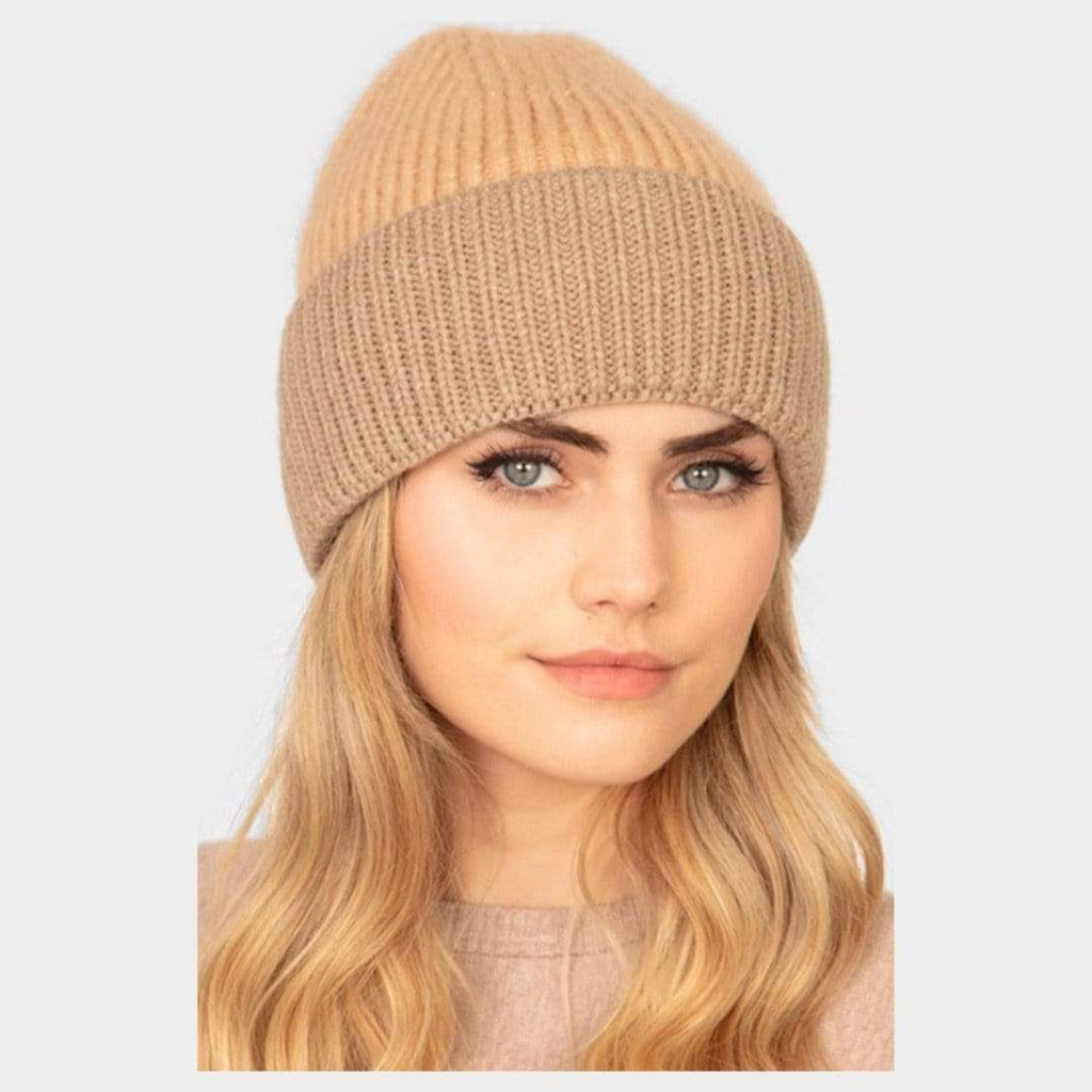 Wool Blended Two Tone Beanie-Beige/Taupe