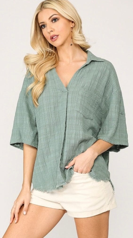 Woven Cotton Textured Top-Dusty Mint