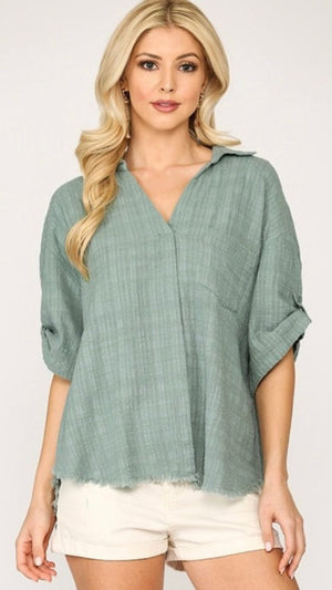 Woven Cotton Textured Top-Dusty Mint